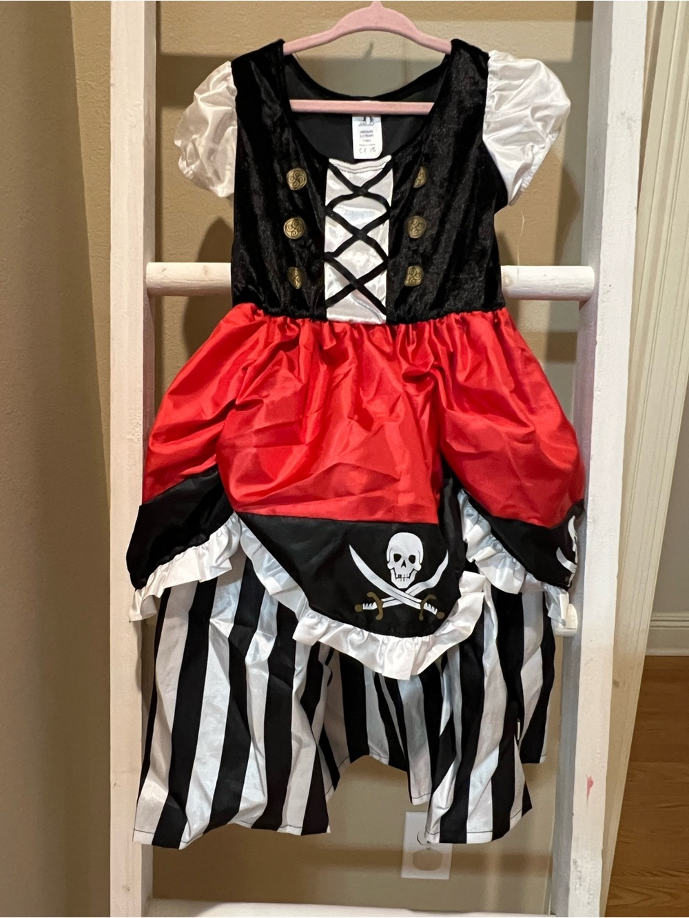 Girls' Pirate Dress Costume in Red, Black & White